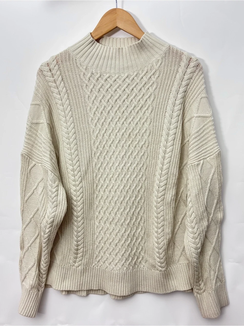 J. Crew Cable Knit Sweater Fisherman Mock Neck Cream Women XL